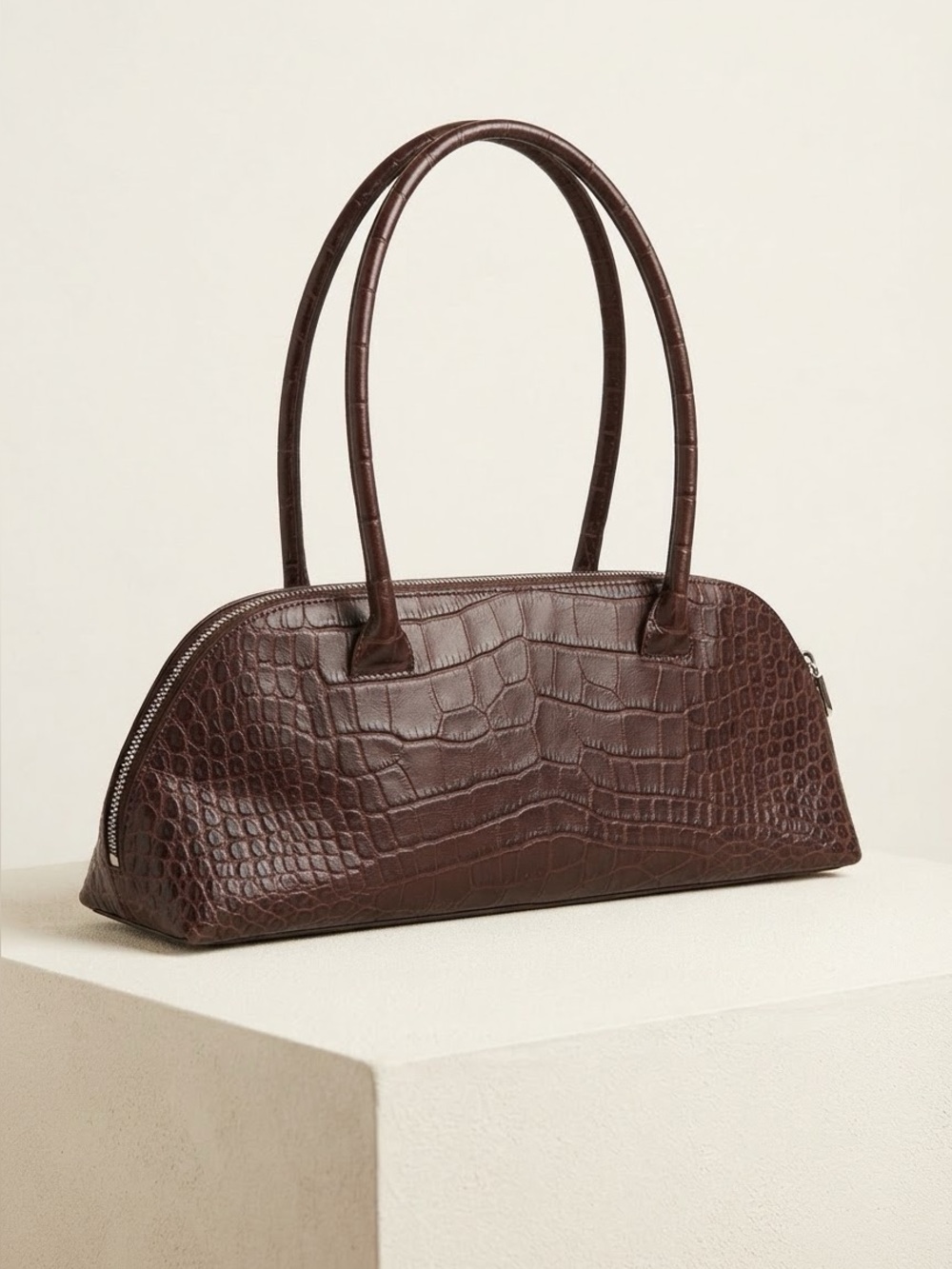 Furla Brown Croc-Embossed Leather East West Satchel Made in Italy